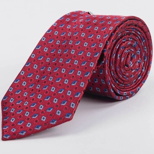 Кликните для увеличения изображения Аренда галстука бордового цвета с синим узором для мужского костюма