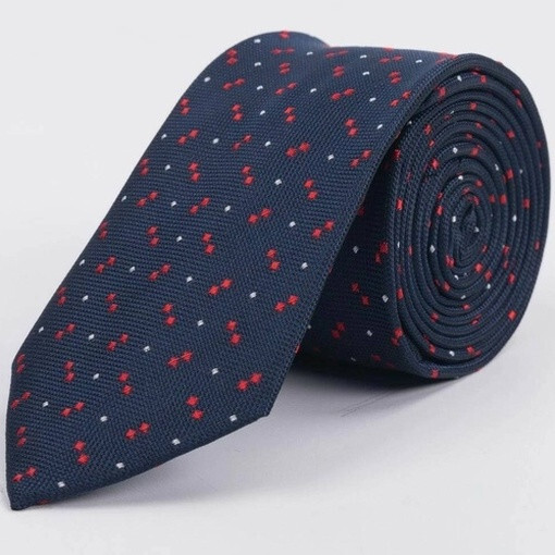 Кликните для увеличения изображения Аренда галстука синего цвета с мелким кросно-белым узором для мужского костюма