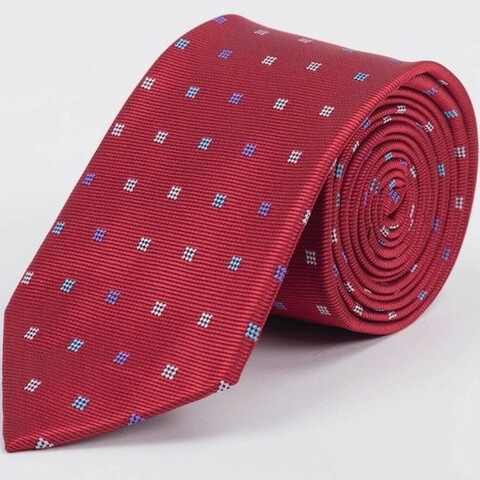 Аренда галстука красного цвета с фактурным разноцветным узором для мужских костюмов