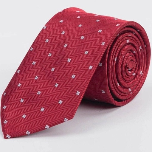 Кликните для увеличения изображения Прокат галстука красного цвета в фактурную полоску с белым узором для мужского костюма