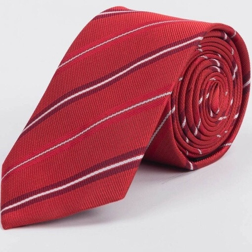 Кликните для увеличения изображения Прокат галстука красного цвета в белую полосу и разноцветной обводкой для мужского костюма