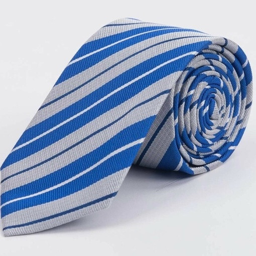 Кликните для увеличения изображения Прокат галстука синего цвета в широкую серую полосу для мужских костюмов
