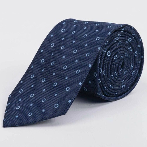 Кликните для увеличения изображения Галстук напрокат синего цвета с голубым кольцевым и точечным узором для мужских костюмов