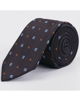 Коричневый галстук в аренду с голубым цветочный и оранжевым квадратным узором для мужского костюма, изображение 1