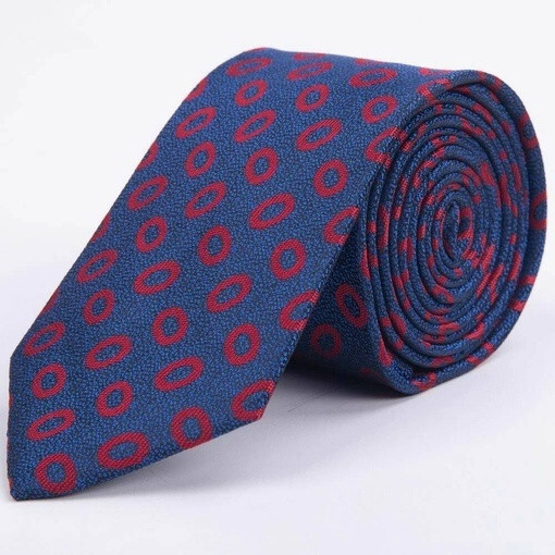 Кликните для увеличения изображения Синий точечно-фактурный галстук в аренду с крупными красными кольцами для мужских костюмов