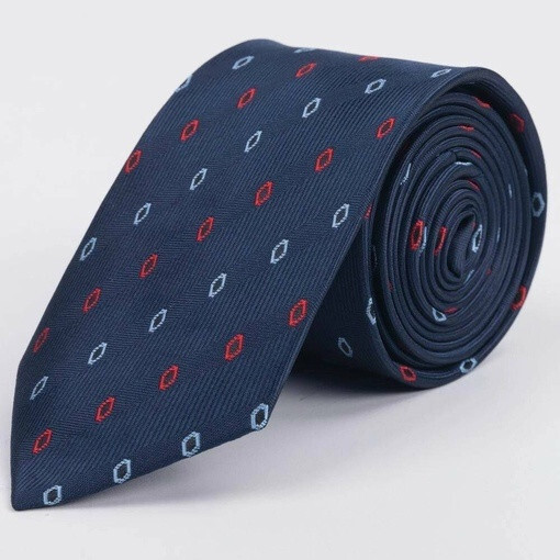 Кликните для увеличения изображения Синий галстук с фактурными полосами и ромбовидными узорами красного и голубого цвета в аренду для му