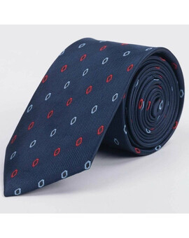 Синий галстук с фактурными полосами и ромбовидными узорами красного и голубого цвета в аренду для му, изображение 1