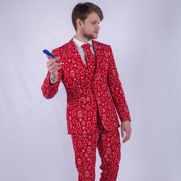 Кликните для увеличения изображения Прокат мужского костюма красного цвета в белый принт