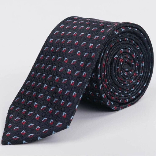 Кликните для увеличения изображения Аренда черного галстука с ромбовидным фактурным узором красно-голубого цвета для мужского костюма