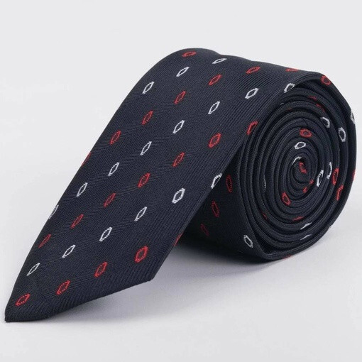 Кликните для увеличения изображения Аренда черного галстука в фактурную полоску с ромбовидным узором красно-белого цвета для мужского ко