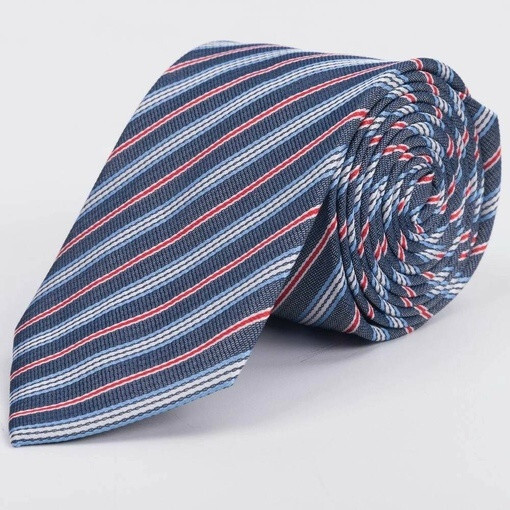 Кликните для увеличения изображения Аренда голубого галстука в разноцветные полосы разной ширины для мужского костюма