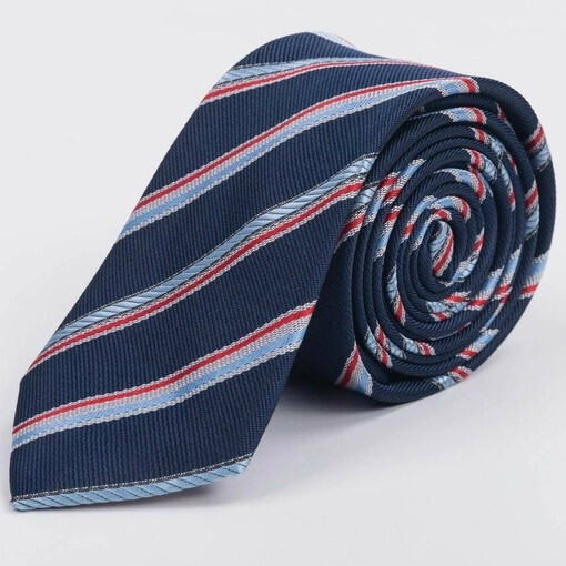 Кликните для увеличения изображения Аренда темно-синего галстука в разноцветную полосу для мужских костюмов
