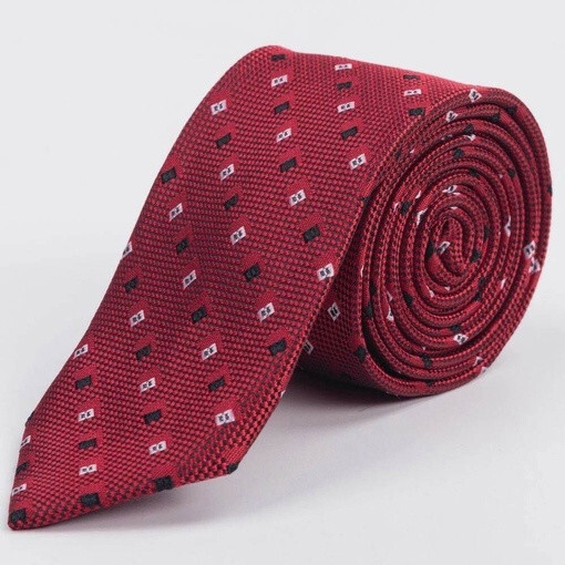 Кликните для увеличения изображения Прокат красного фактурного галстука с черно-белым узором мульти для мужского костюма