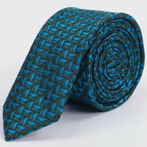 Кликните для увеличения изображения Аренда узкого галстука яркого светло-синего цвета с зеленым узором для мужского костюма