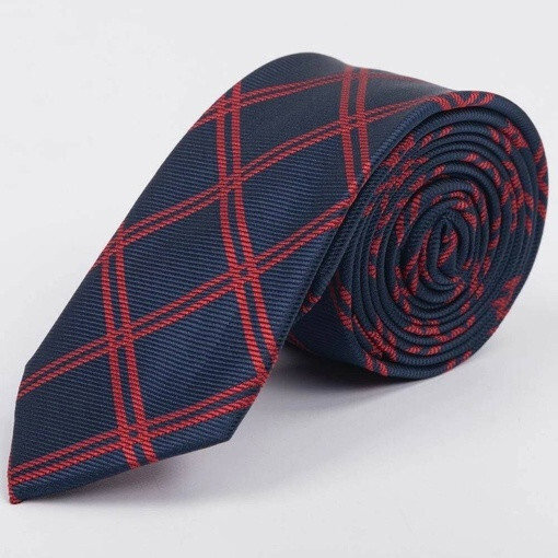 Кликните для увеличения изображения Прокат синего галстука в красную крупную клетку для мужских костюмов