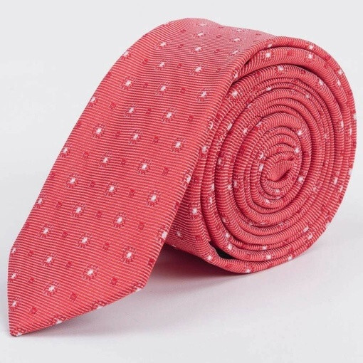 Кликните для увеличения изображения Прокат узкого светло-красного галстука с белым мульти узором для мужских костюмов