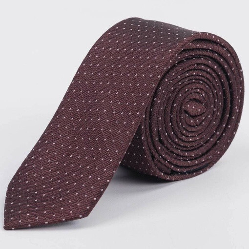 Кликните для увеличения изображения Аренда узкого галстука коричневого цвета с белым точечным узором для мужского костюма