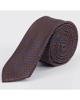 Аренда узкого галстука оранжевого цвета с черно-синим узором для мужского костюма, изображение 1