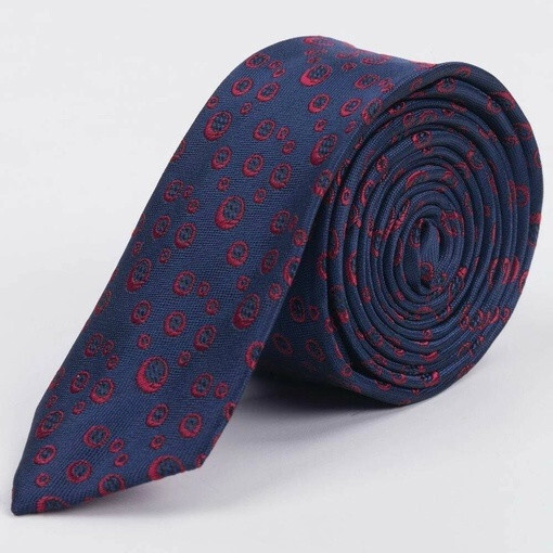 Кликните для увеличения изображения Прокат узкого галстука темно-синего цвета с красным кольцевым узором для мужских костюмов