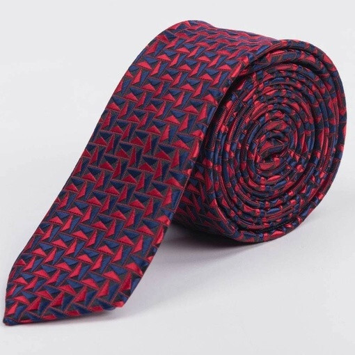 Кликните для увеличения изображения Аренда узкого галстука ярко-бордового цвета с насыщенно-синим треугольным узором для мужских костюмо