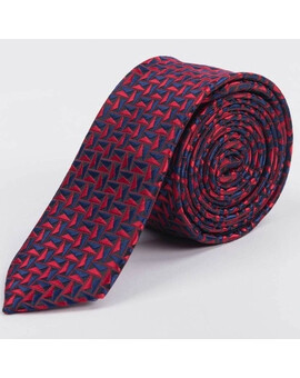Аренда узкого галстука ярко-бордового цвета с насыщенно-синим треугольным узором для мужских костюмо, изображение 1