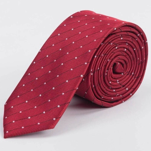 Кликните для увеличения изображения Аренда узкого галстука бордового цвета в полоску с белым точечным узором для мужских костюмов