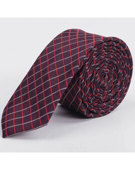 Прокат узкого галстука бордового цвета в разноцветную клетку для мужского костюма, изображение 1