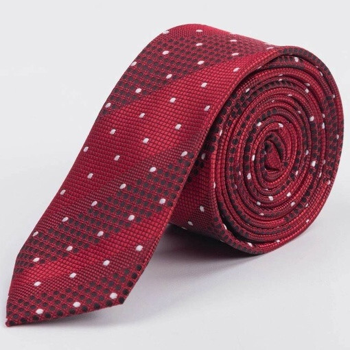Кликните для увеличения изображения Прокат узкого фактурного галстука ярко-бордового цвета в широкую полоску с круговым узором для мужск
