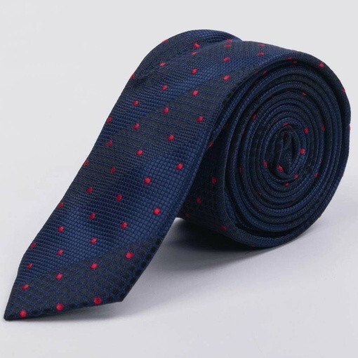 Кликните для увеличения изображения Прокат узкого галстука темно-синего цвета в полоску с красным круглым узором для мужских костюмов