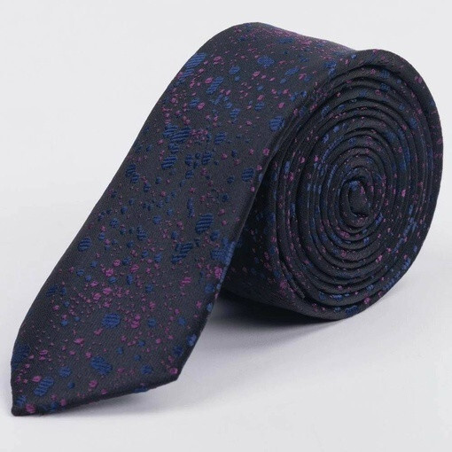 Кликните для увеличения изображения Прокат узкого галстука насыщенно-синего цвета с разноцветным узором для мужских костюмов