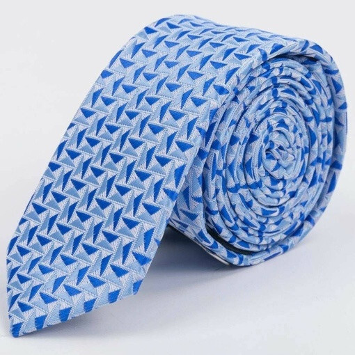 Кликните для увеличения изображения Прокат узкого галстука голубого цвета с синим треугольным узором для мужского костюма