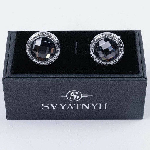 Кликните для увеличения изображения Аренда запонок круглой формы с черными вставками для мужских костюмов